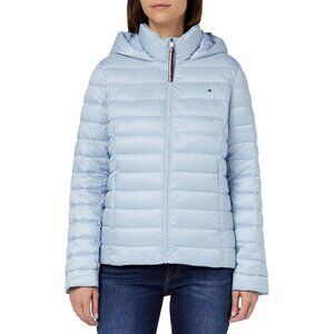 Tommy Hilfiger Womens Quilted Puffer Jacket Light Blue L Hood RC10391